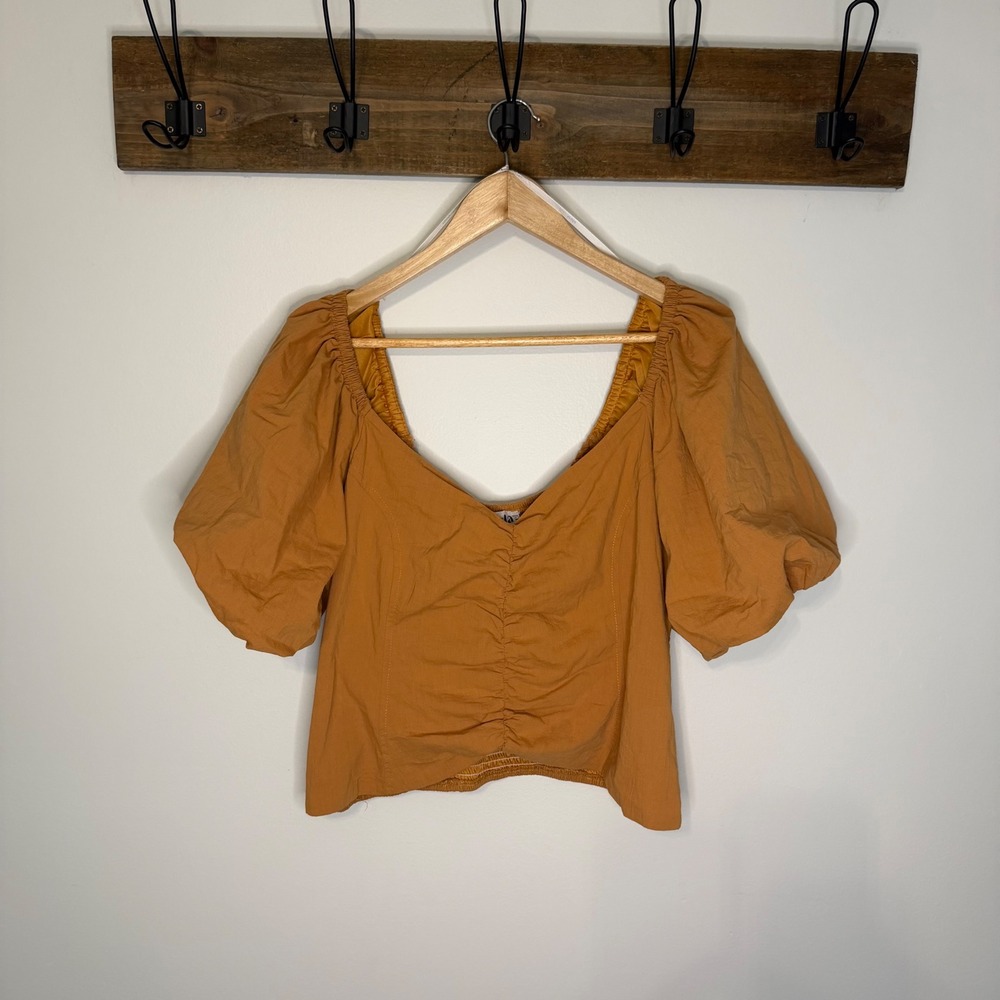 Arula Mustard Ochre Smocked Back Puff Sleeve Ruched Bust Blouse Top Size A